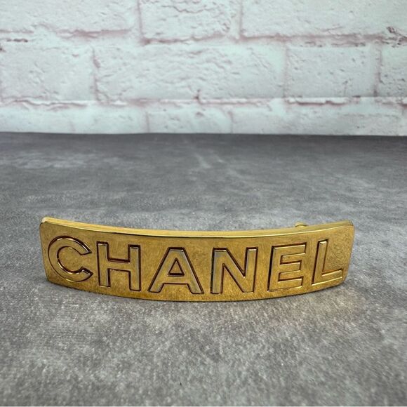 Chanel Vintage Logo Embossed Gold Hair Clip Barrette - Picture 1 of 9
